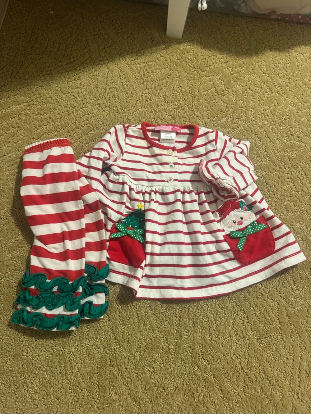 Girls Red and White Striped Christmas Set with Green Accents